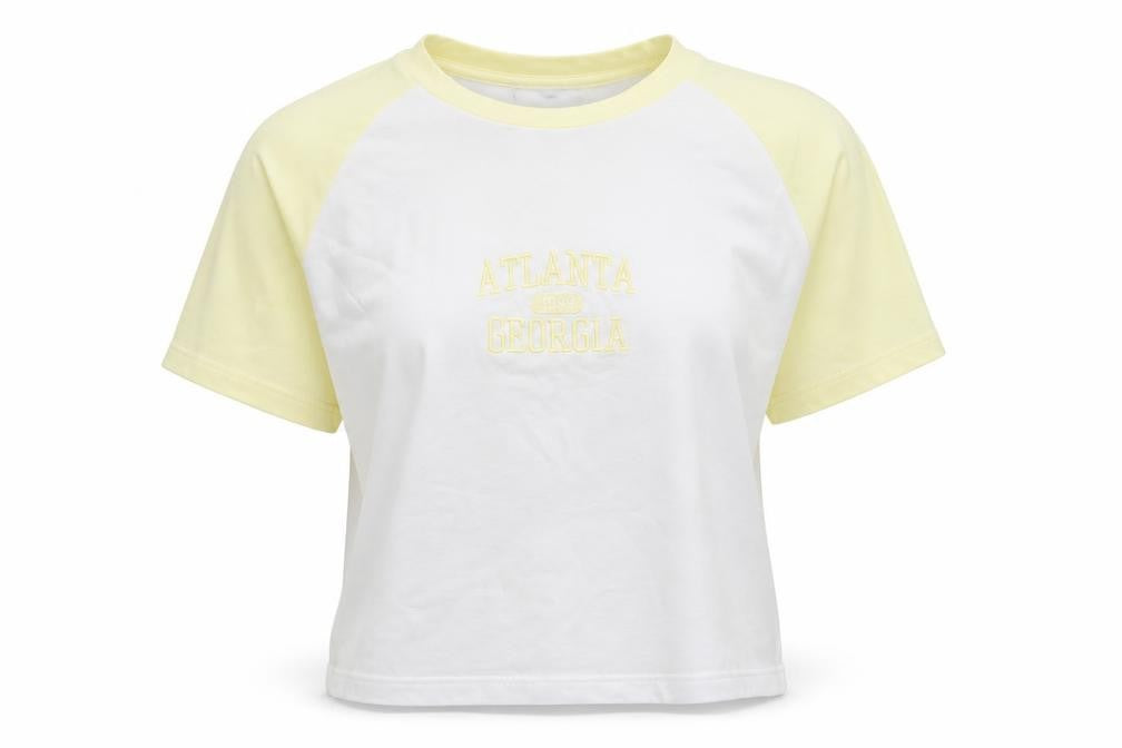 Primark Womens Yellow  Cotton Cropped T-Shirt Size 4 Crew Neck - Atlanta 1994