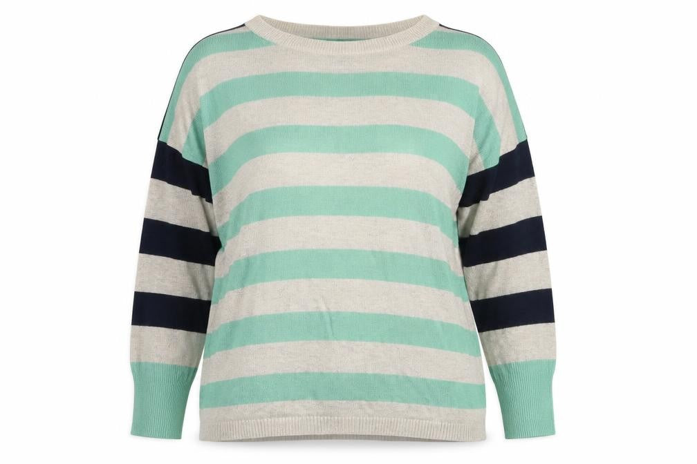 Front view of Oasis women’s beige striped viscose pullover sweatshirt, size M, pullover