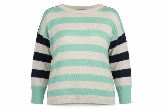 Front view of Oasis women’s beige striped viscose pullover sweatshirt, size M, pullover