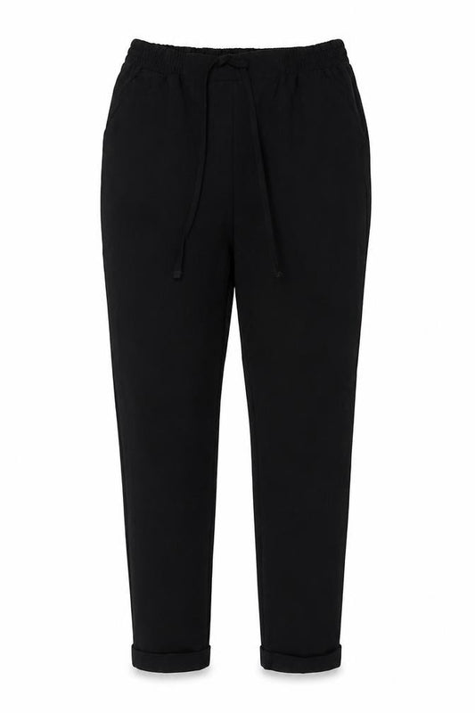 Front view of Next women’s black polyester trousers, size UK 8, 27-inch leg regular drawstring