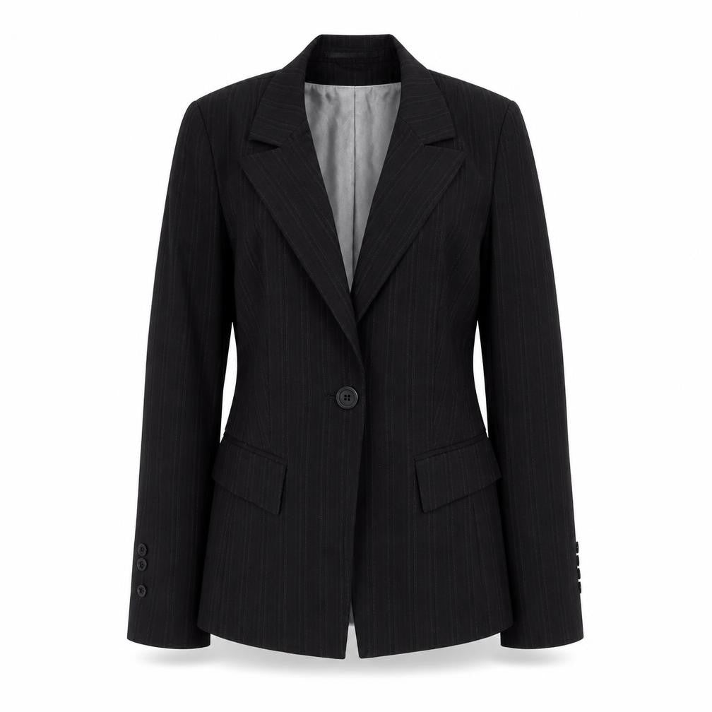 Front view of Slater women’s black striped polyester jacket suit jacket, size UK 6