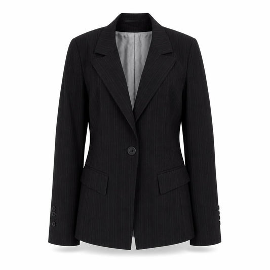 Front view of Slater women’s black striped polyester jacket suit jacket, size UK 6