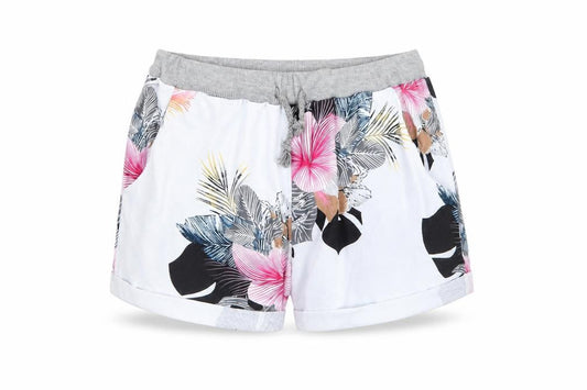 Front view of Preworn women’s white floral polyester bermuda shorts, size L, 4-inch leg regular drawstring