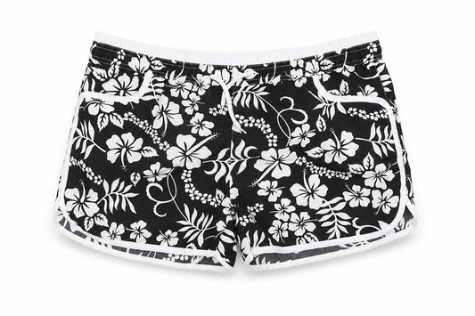 Front view of Preworn women’s black floral cotton bermuda shorts, size L, 4-inch leg regular drawstring