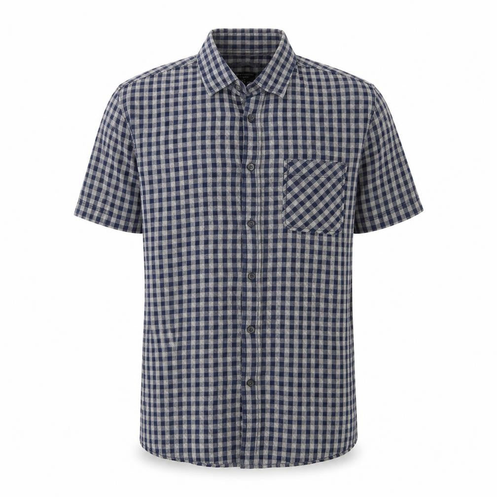 Front view of Matalan men’s blue check cotton button-up, size S, collared button