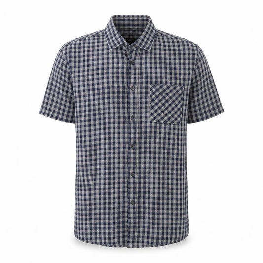 Front view of Matalan men’s blue check cotton button-up, size S, collared button