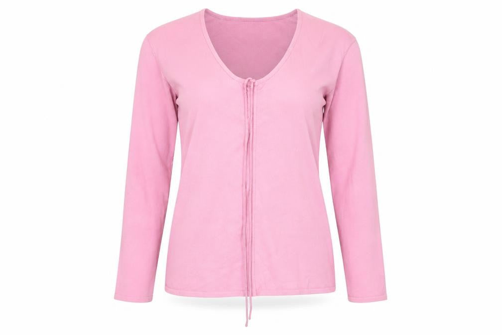 Front view of Colour Works women’s pink viscose basic t-shirt, size S, v-neck
