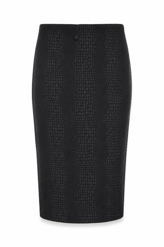 Front view of PRETTYLITTLETHING women’s black animal print polyester straight & pencil skirt, size UK 8