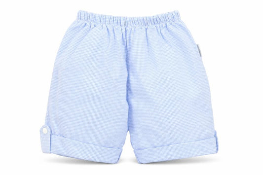 Front view of Stamp boys’ blue check cotton capri trousers, size 3-6, months