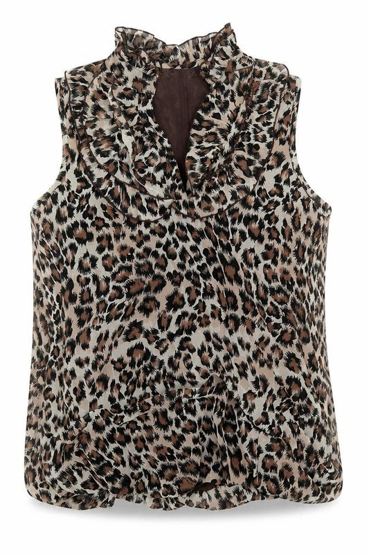 Front view of Select women’s brown animal print polyester basic blouse, size UK 12, v-neck