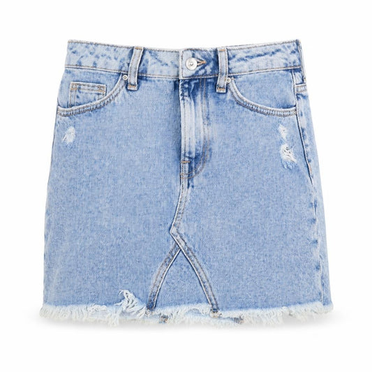 Front view of Divided women’s blue cotton a-line skirt, size UK 8, button