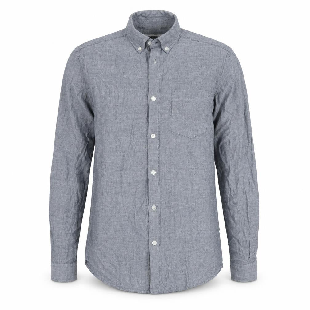 Front view of Cedarwood State men’s grey cotton button-up, size XS, collared button - chest pocket