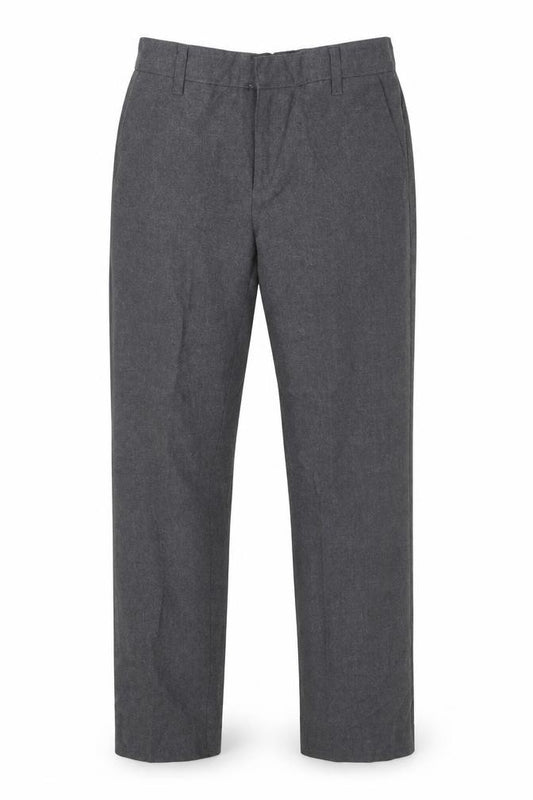 Front view of Marks & Spencer boys’ grey viscose carpenter trousers, size 10, years regular zip