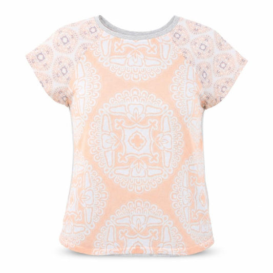 Front view of Primark women’s grey floral viscose basic t-shirt, size UK 8, round neck