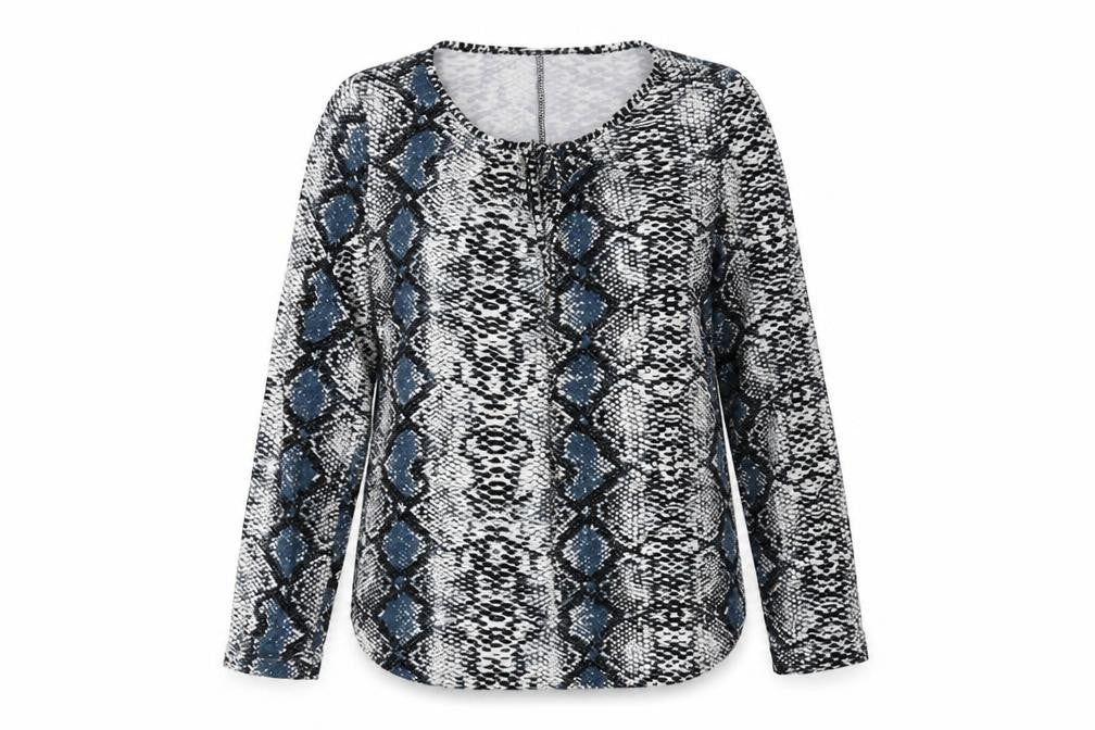 Front view of Poetic Soul women’s multicoloured animal print polyester basic blouse, size S, round neck - snake print