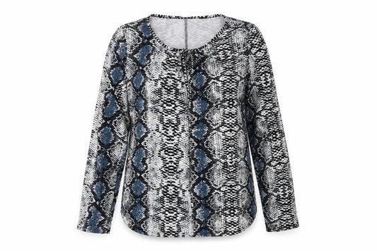 Front view of Poetic Soul women’s multicoloured animal print polyester basic blouse, size S, round neck - snake print