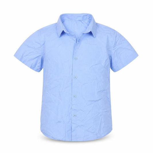 Front view of George boys’ blue polyester basic button-up, size 8-9, years collared button