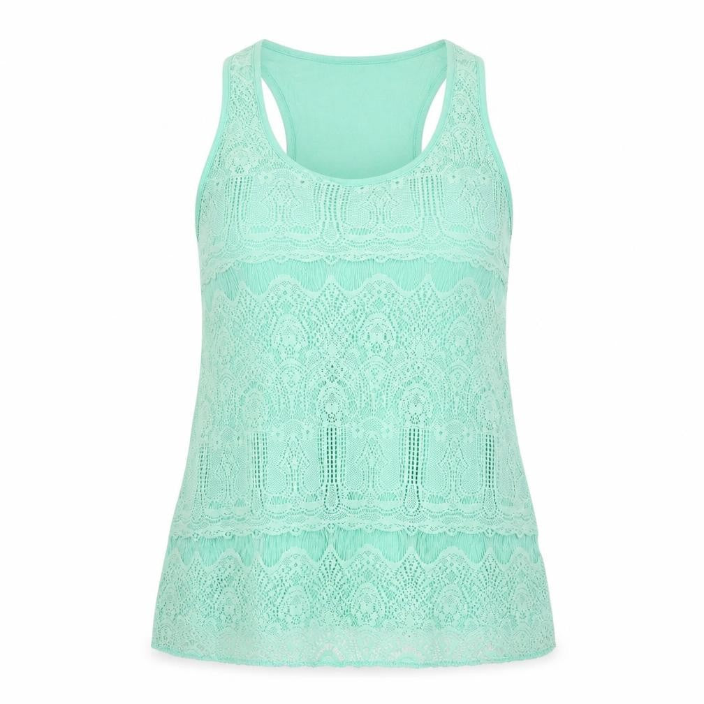 Front view of Papaya women’s green geometric viscose basic tank, size UK 10, round neck