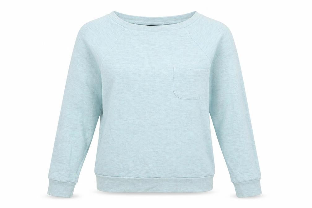 Front view of Topshop women’s blue cotton pullover sweatshirt, size UK 8, pullover