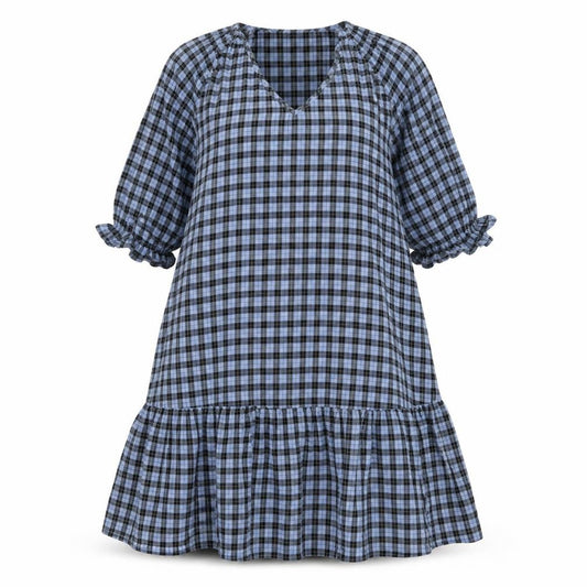 Front view of Next women’s blue check cotton a-line, size UK 10, v-neck pullover