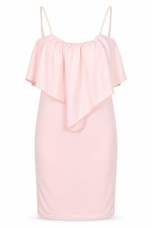 Front view of women’s pink polyester bodycon, size UK 8, square neck pullover