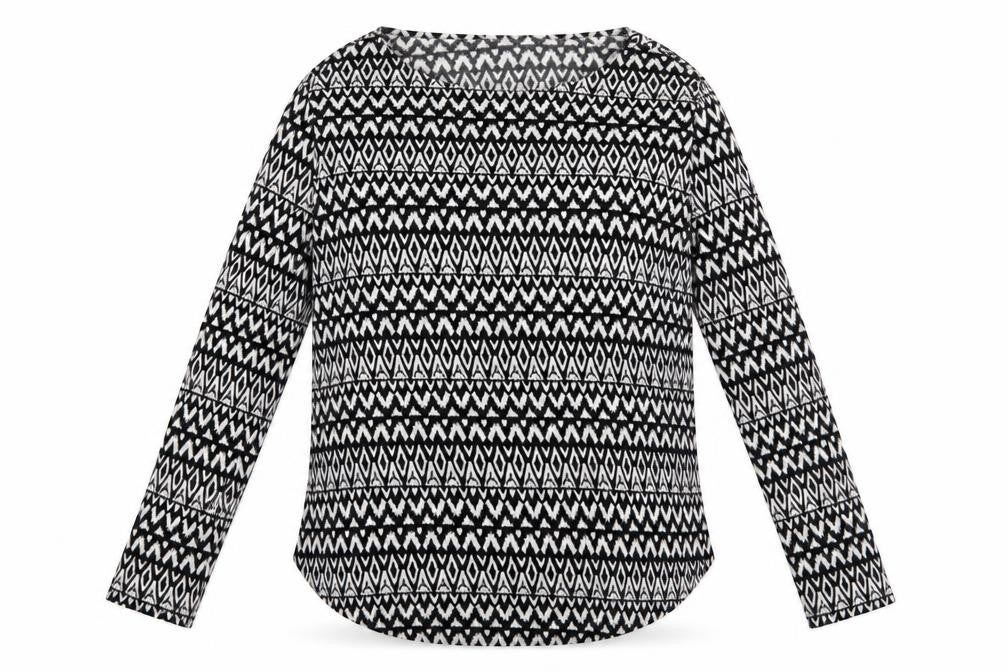 Front view of H&M women’s black geometric viscose pullover sweatshirt, size L, pullover