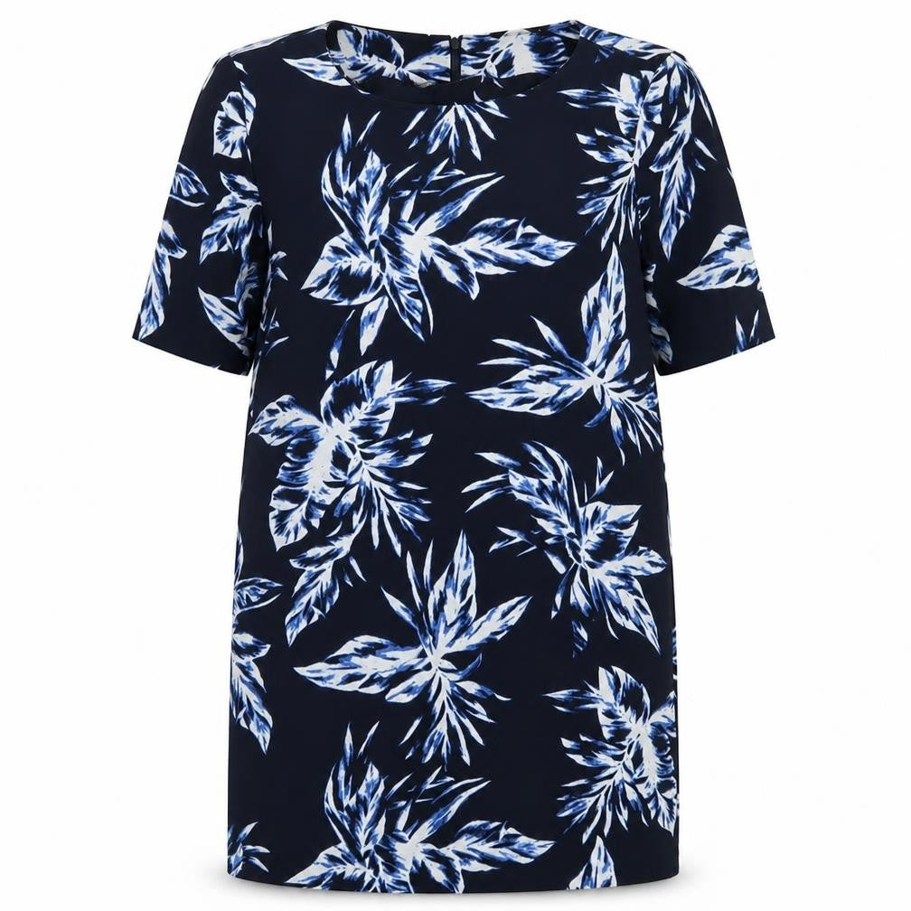 Front view of Only women’s blue geometric polyester a-line, size UK 14, crew neck zip