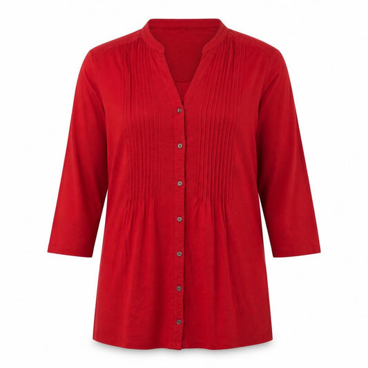 Front view of EWM women’s red viscose basic button-up, size UK 10, v-neck