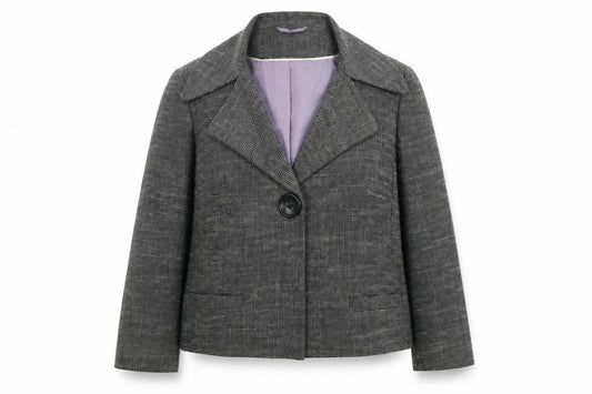 Front view of Ines women’s grey polyester jacket blazer, size UK 12