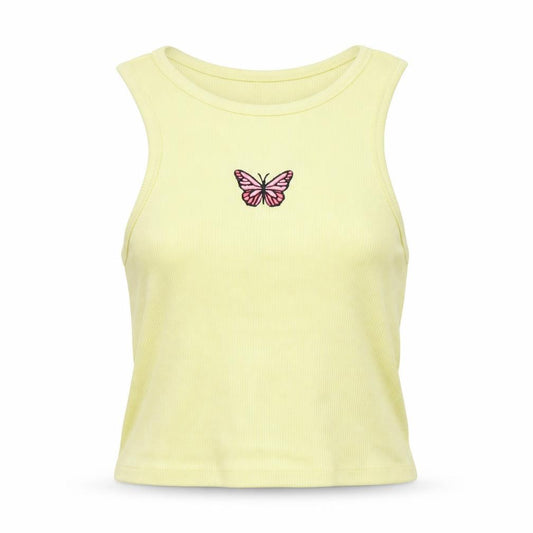 Front view of Primark women’s yellow polyester basic tank, size UK 6, boat neck - butterfly