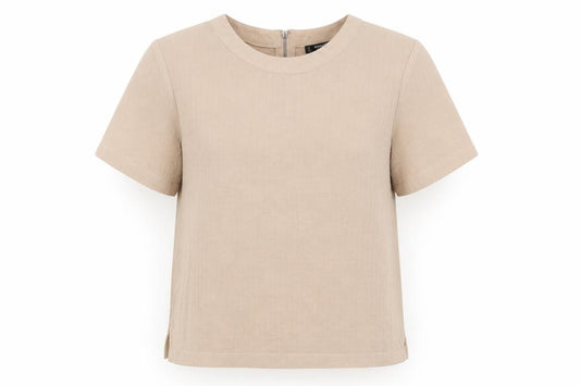 Front view of Mango women’s beige polyester basic blouse, size S, crew neck
