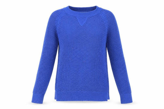 Front view of Papaya women’s blue crew neck acrylic jumper, size UK 12