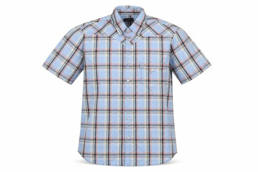 Front view of Burton men’s blue check cotton button-up, size L, collared snap