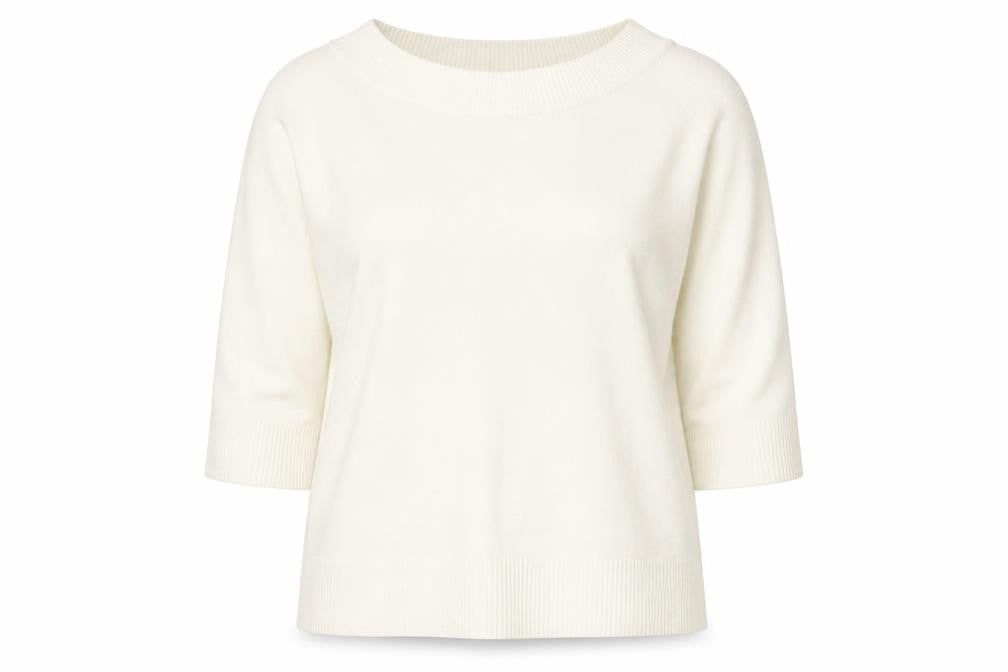 Front view of EWM women’s ivory boat neck acrylic jumper, size UK 18