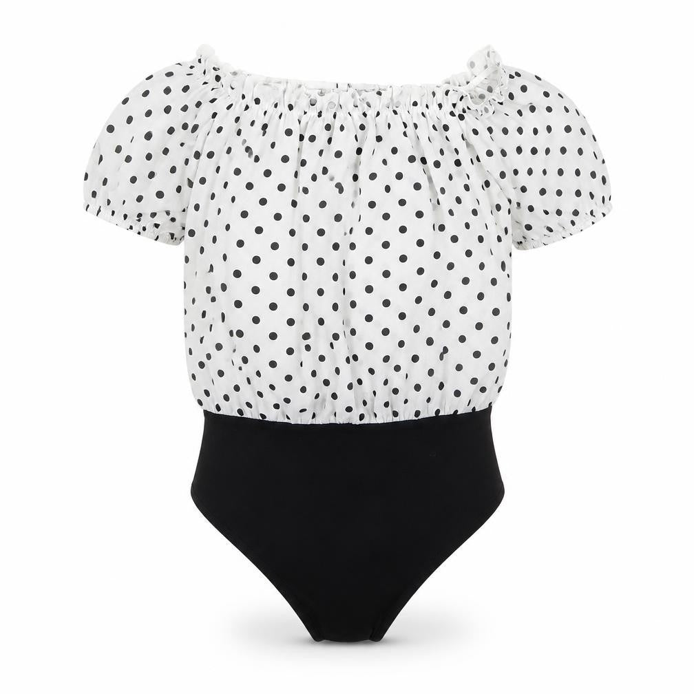 Front view of Boohoo women’s white polka dot polyester bodysuit one-piece, size UK 6, pullover - black and white