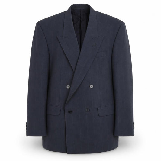 Front view of St Michael men’s blue striped polyester jacket blazer, size 40