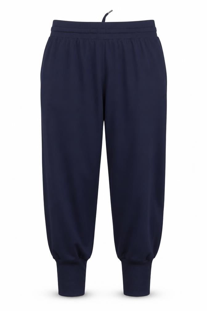 Front view of Next women’s blue polyester sweatpants, size UK 10, 23-inch leg regular drawstring