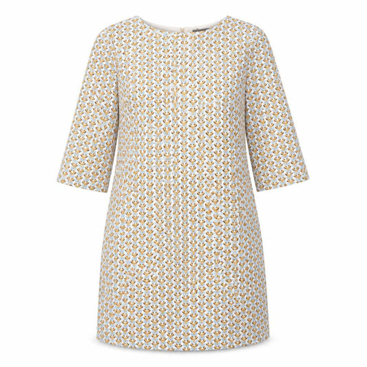 Front view of Primark women’s yellow geometric polyester shift, size UK 12, roll neck button