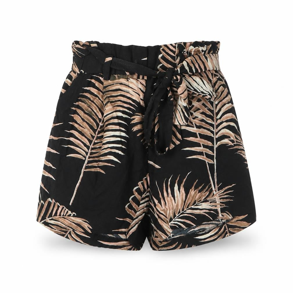 Front view of H&M women’s beige floral viscose paperbag shorts, size UK 4, regular drawstring