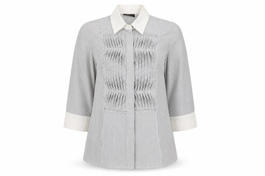 Front view of Principles women’s grey striped cotton basic blouse, size UK 12, collared