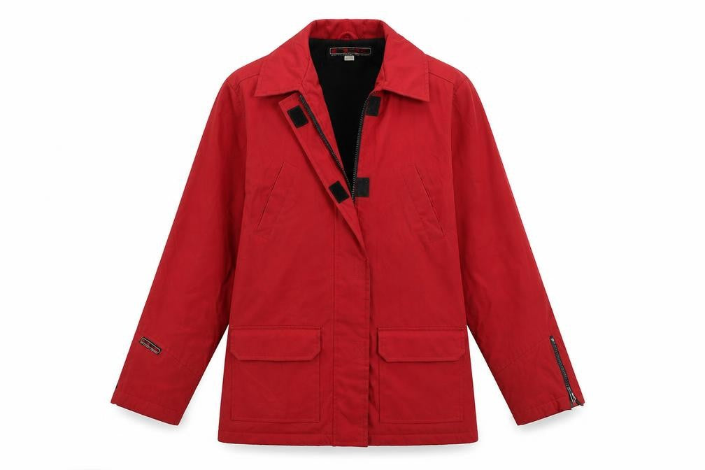 Front view of NX branded sport women’s red jacket, size S, zip