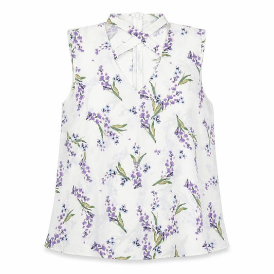 Front view of Select women’s white floral polyester basic blouse, size UK 12, v-neck