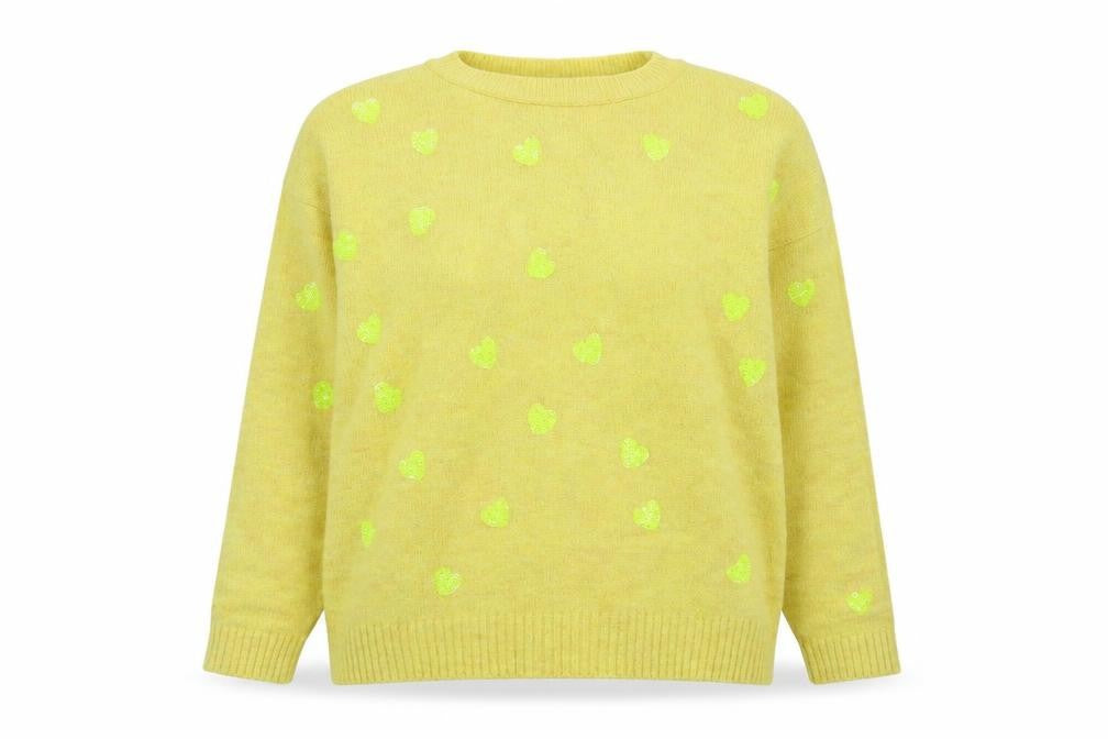 Front view of Next women’s yellow round neck acrylic jumper, size M, - heart pattern