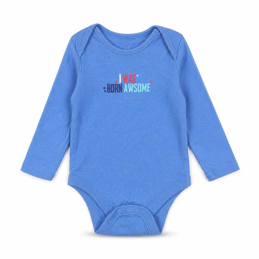 Front view of F&F boys’ blue cotton babygrow one-piece, size 6-9, months - born awesome
