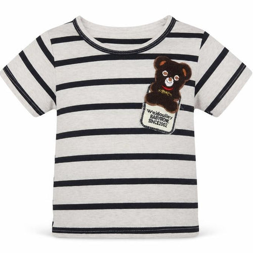 Preworn Boys Beige Striped Cotton Basic T-Shirt Size 5 Years Round Neck  - bear