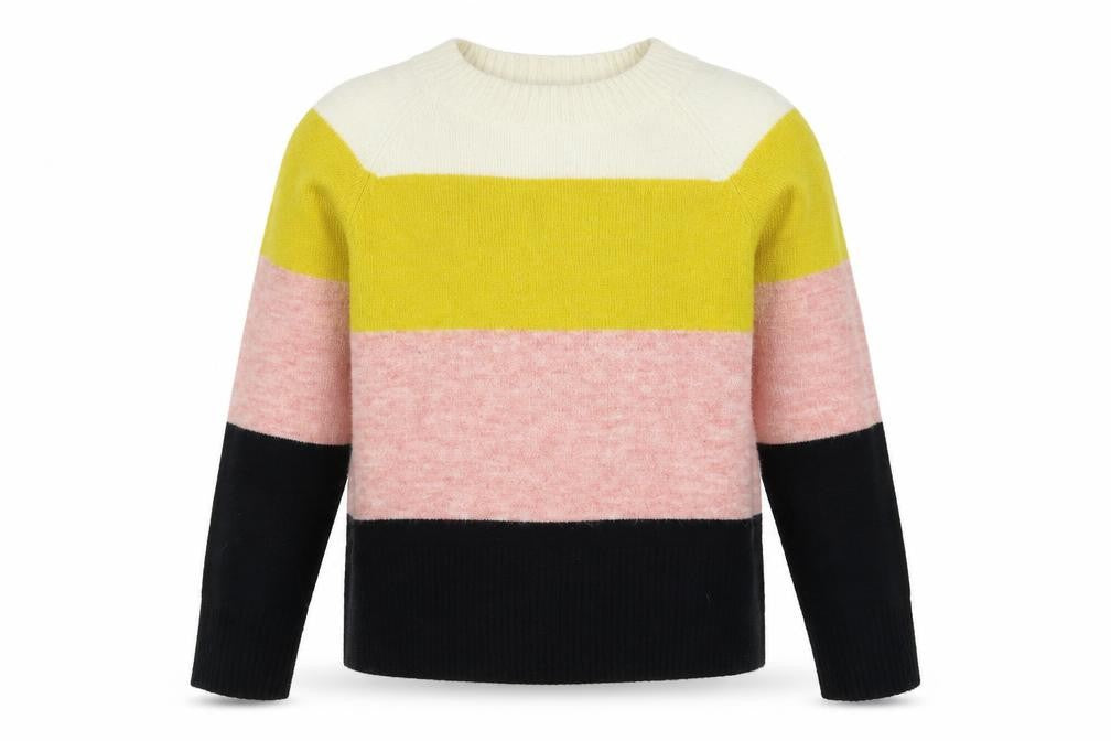 Front view of F&F women’s multicoloured round neck striped acrylic jumper, size UK 8