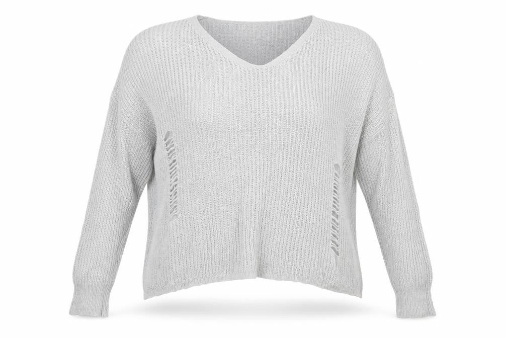 Front view of Atmosphere women’s grey v-neck acrylic jumper, size L