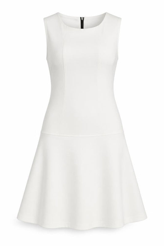 Front view of Sabrina Diamarti women’s white polyester fit & flare, size M, round neck