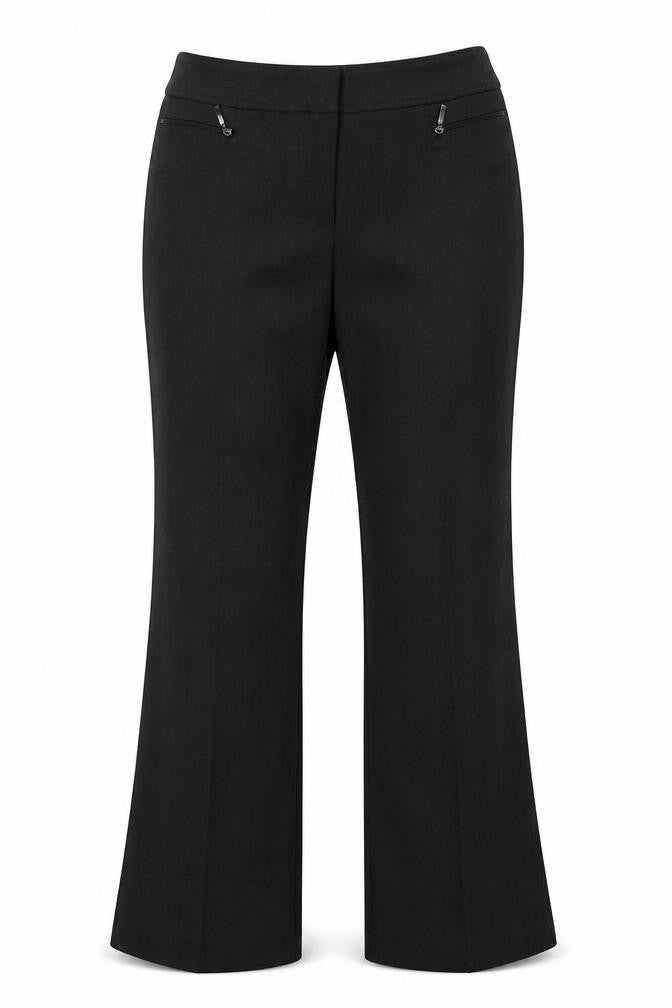 Front view of BHS women’s grey polyester trousers, size UK 12, 30-inch leg regular hook & eye