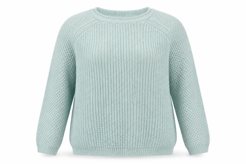 Front view of New Look women’s blue acrylic pullover sweatshirt, size UK 12, pullover